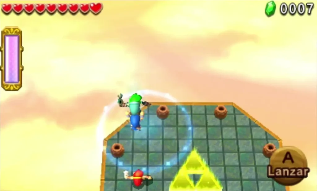 Link stands near the glowing Triforce Gateway on the last island of the Sky Temple first stage