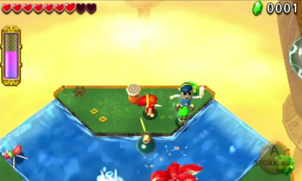 Links stand on a small grassy island among red water monsters in the Sky Temple Riverside area