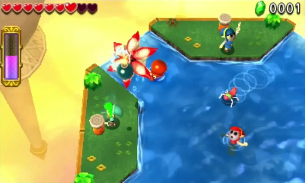 Links fight red water enemies across a flooded island in the Sky Temple Riverside area