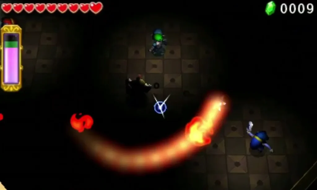 A flaming ball and chain swings across the dark Ruins island in the Sky Temple