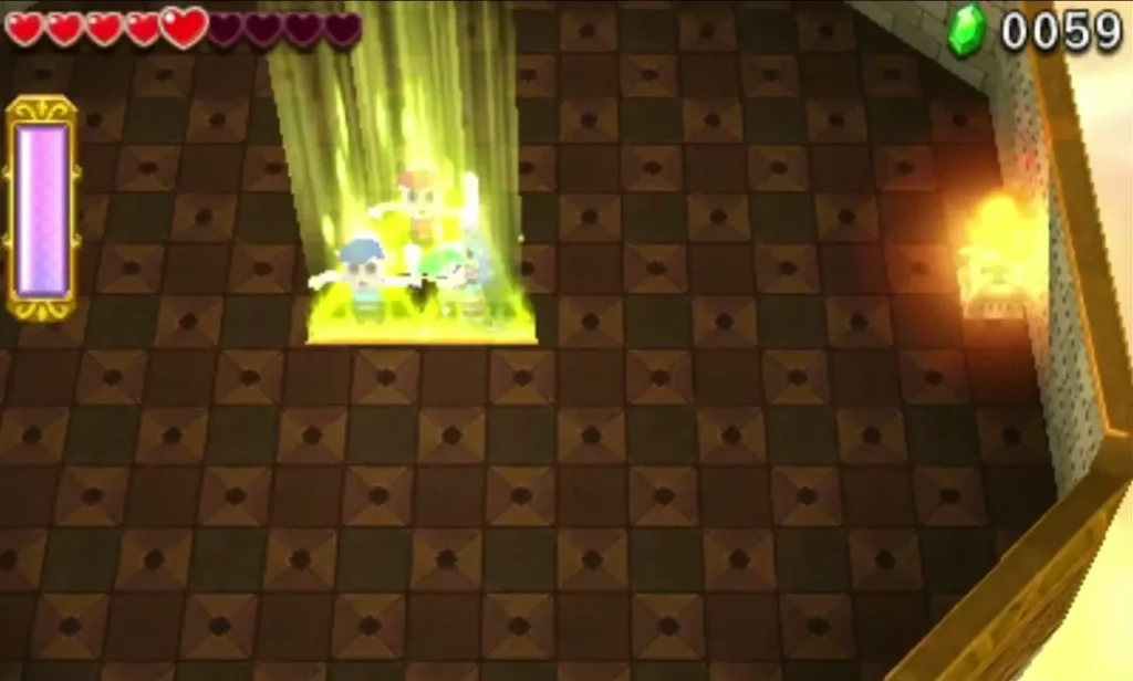 Links stand in a glowing green light beam on the checkered floor of the dark Ruins island