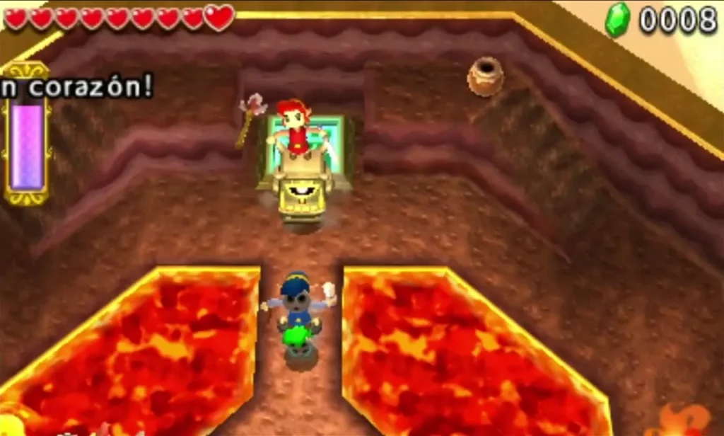 Links stand between lava pits beside a golden statue on the Sky Temple Volcano island