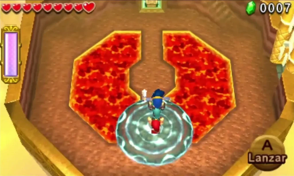 Links ride a lift over a lava pit on the Sky Temple Volcano island