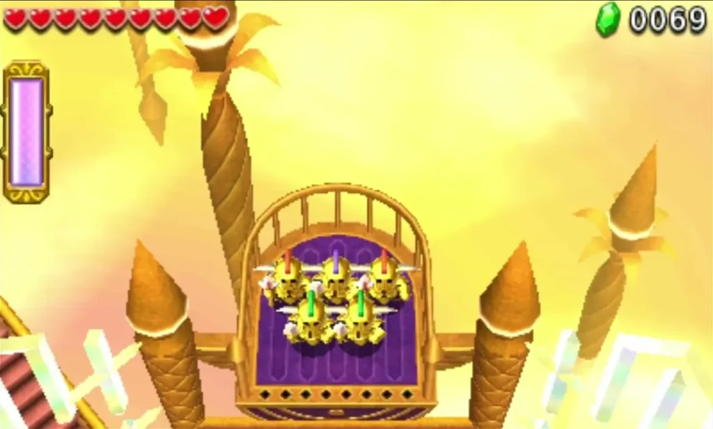 A flying bus cage holds Sky soldiers above the golden spires of the Sky Temple