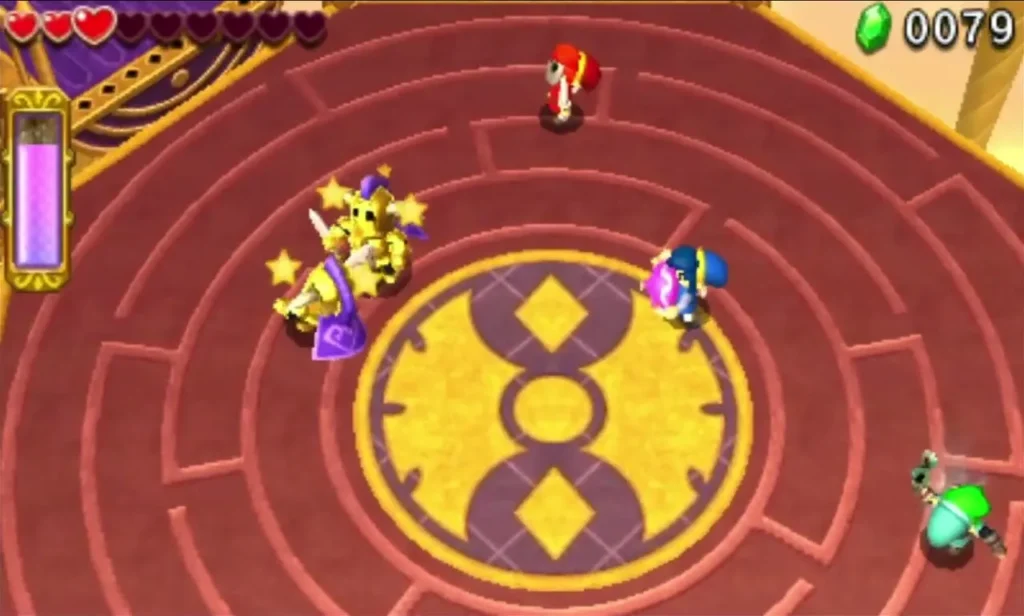 Sky soldiers and Links on a red circular island with a purple and gold emblem