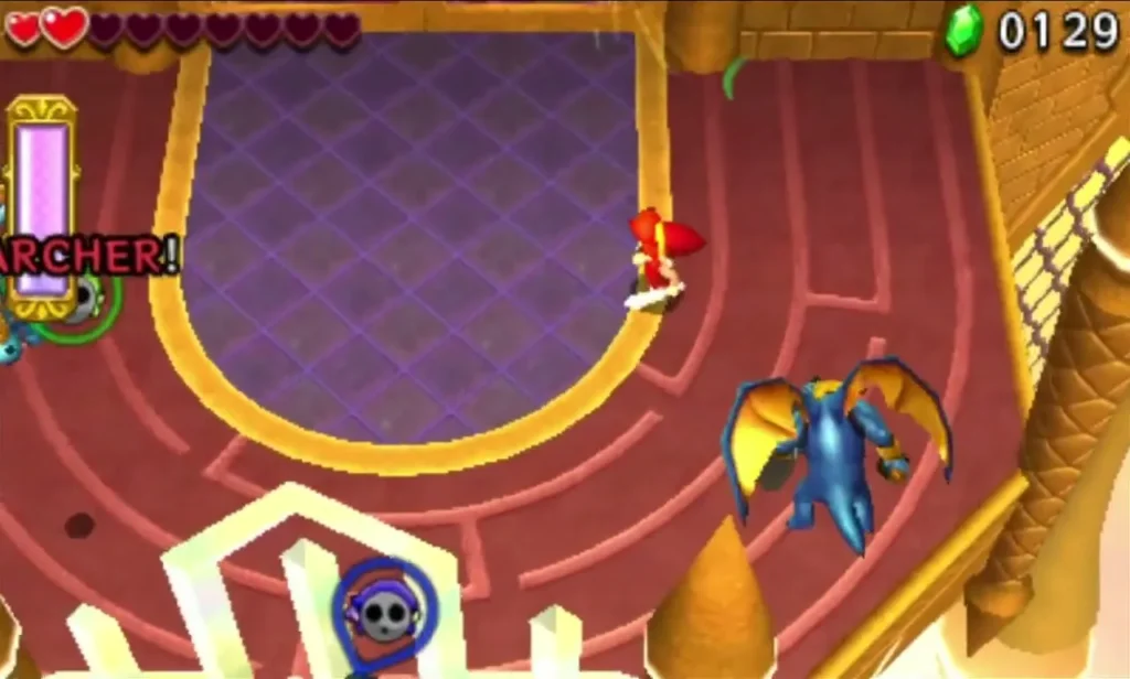 A Super Aeralfos flies over a purple-floored arena above a Link