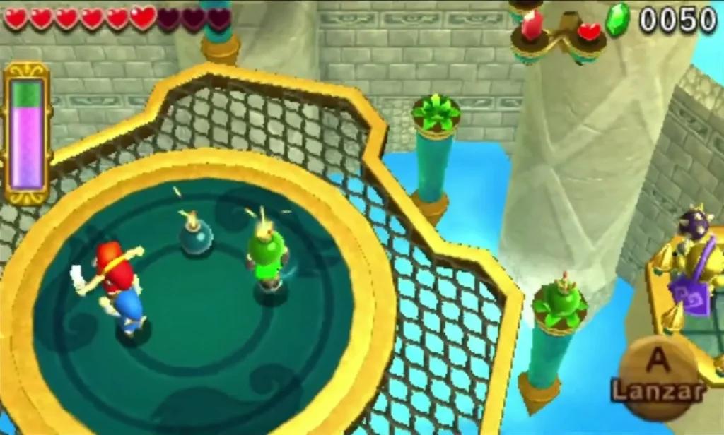 Two Links stand on a round spinning platform with a green grated edge, next to a Lanzar prompt