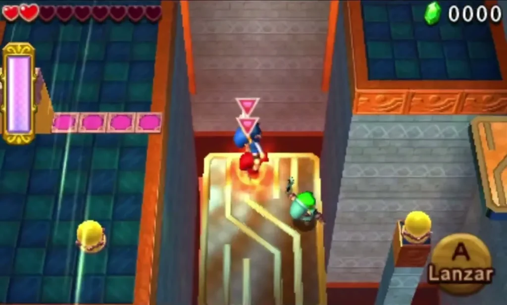 Two Links stacked on a golden lift in the Dragon Citadel, with a yellow Rupee beside it