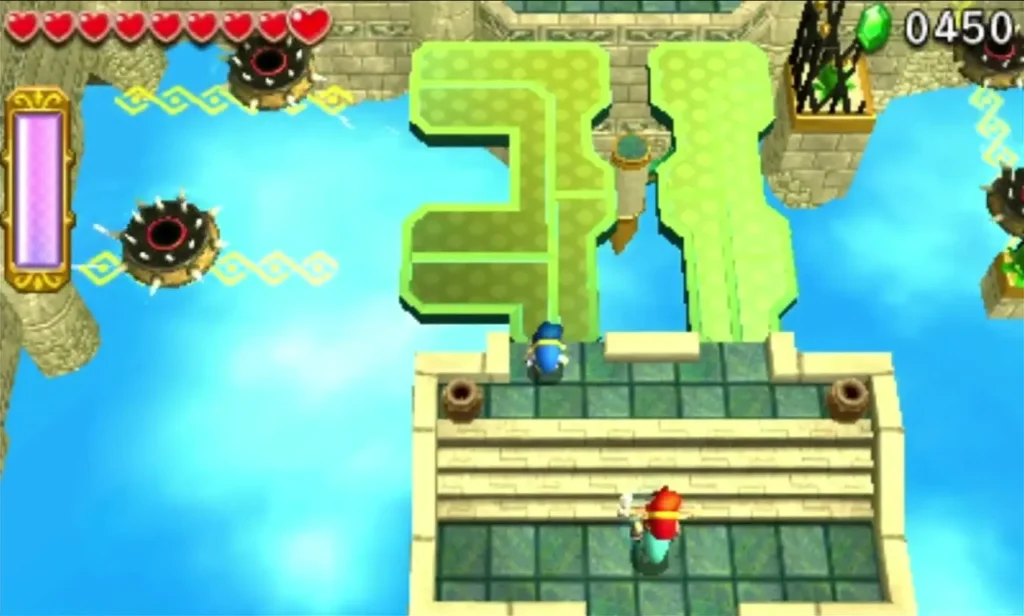 Link climbs a stone staircase toward a green tilting platform and a stone wall in Deception Castle