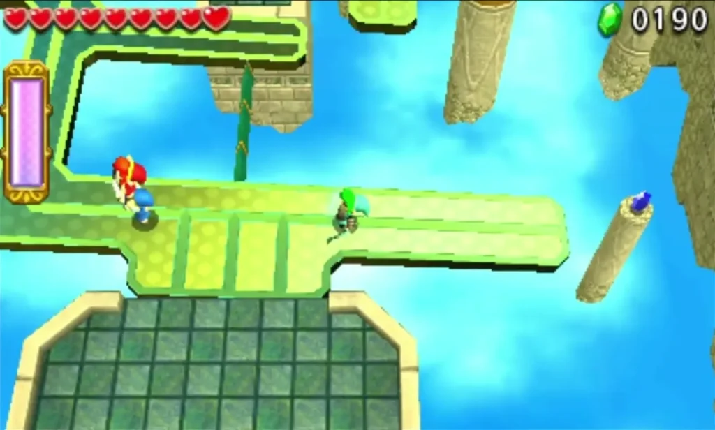 Two Links cross a green tilting platform over the blue sky in Deception Castle, stone pillars behind them