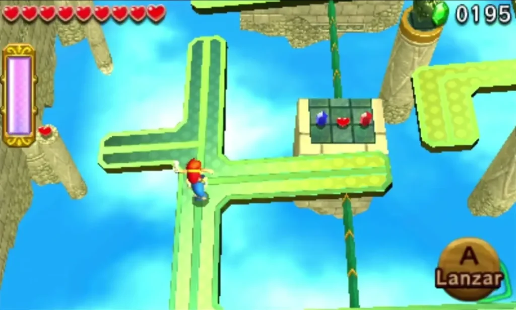 Link stands on a green tilting platform beside a stone block holding blue and red Rupees