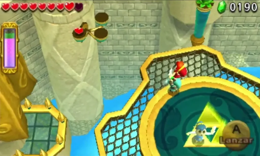 Links stand on the golden Triforce Gateway in the middle of a round platform in Deception Castle