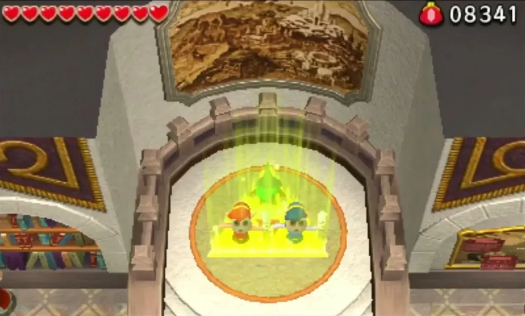 Three Links stand on a glowing Triforce pad in the Pasarella castle hall, the way down into the Den of Trials