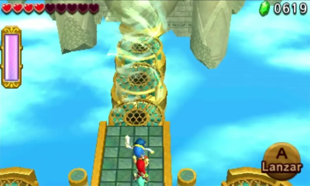 Link stands on a tiled platform at the foot of a tall column of golden updraft Fans
