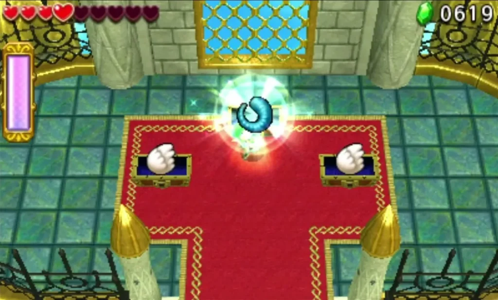 Two white items sit on stone pedestals on a red carpet beside a glowing blue orb