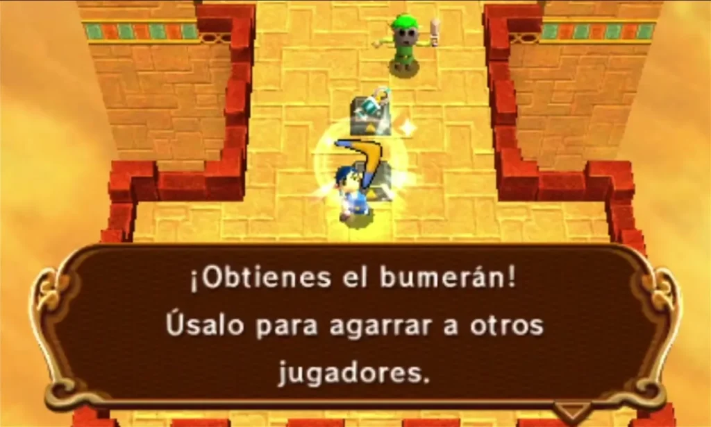 Link holds up the Boomerang beside a pedestal, its box reading that it can grab other Links