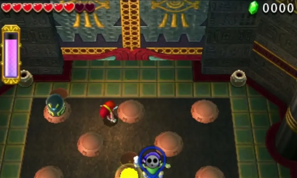 Links among rows of brown domed stakes on a green tiled floor in the Desert Temple