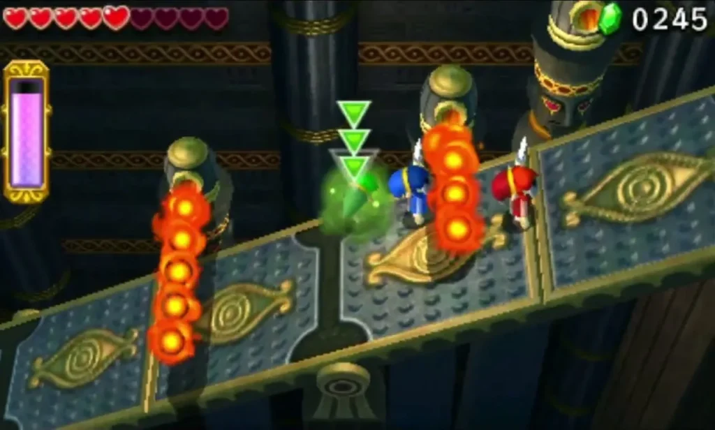 Links standing among fire bars on tilted teeterboards in the Desert Temple