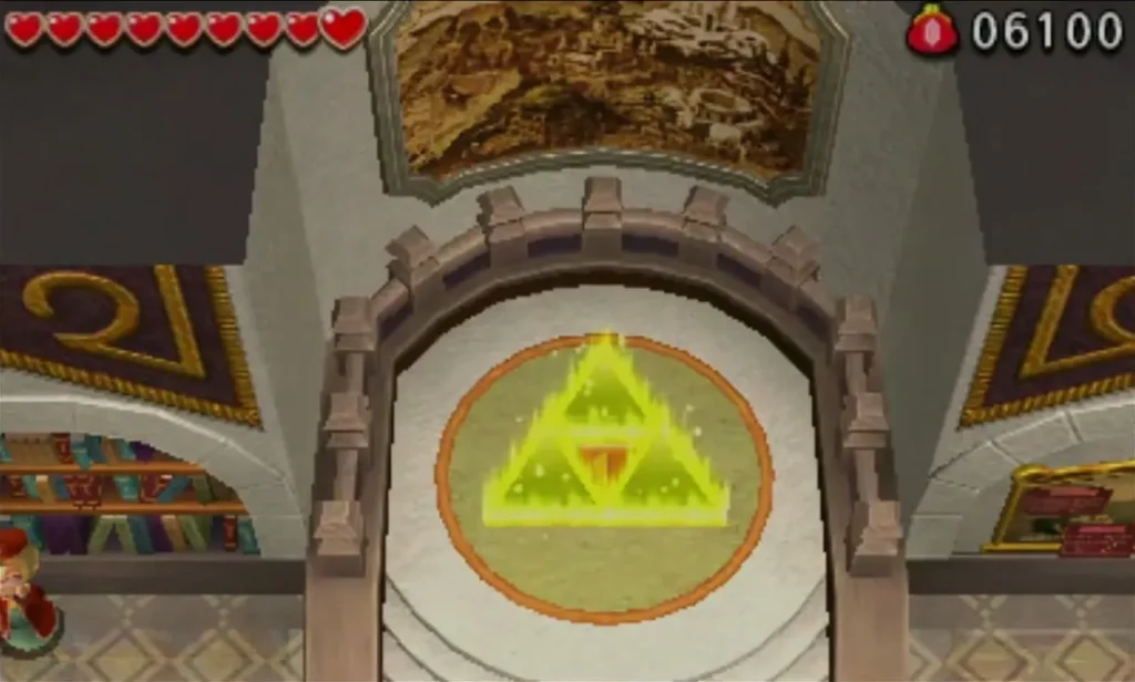 Glowing Triforce door in the Castillo de Pasarella hall after returning to the castle