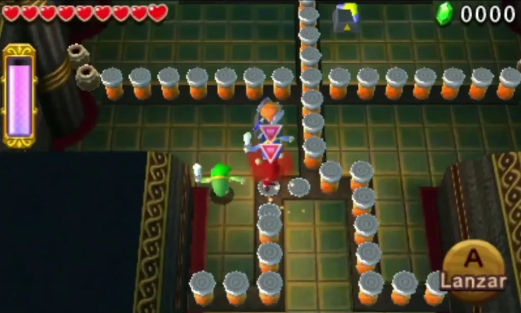 Link beside a row of stakes in the first room of the Desert Temple