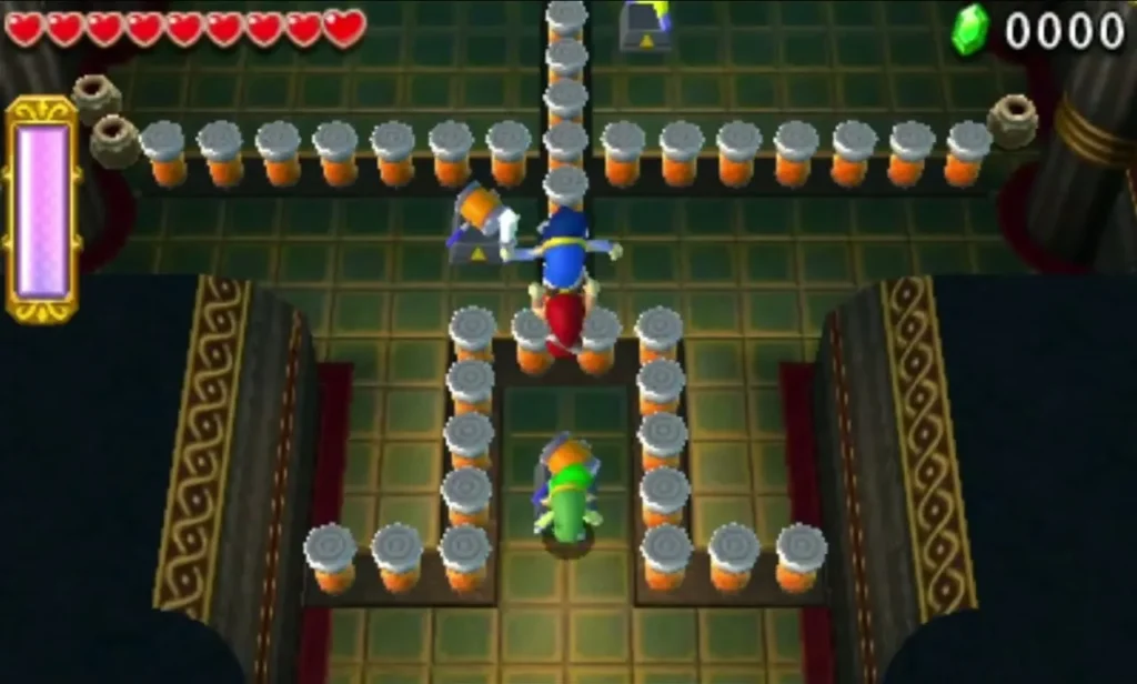 Link among rows of stakes and stone switches in the first room of the Desert Temple