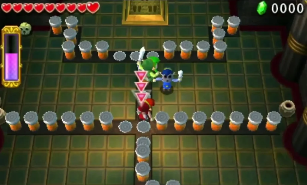 Link and allies beside stakes and a switch in the first room of the Desert Temple