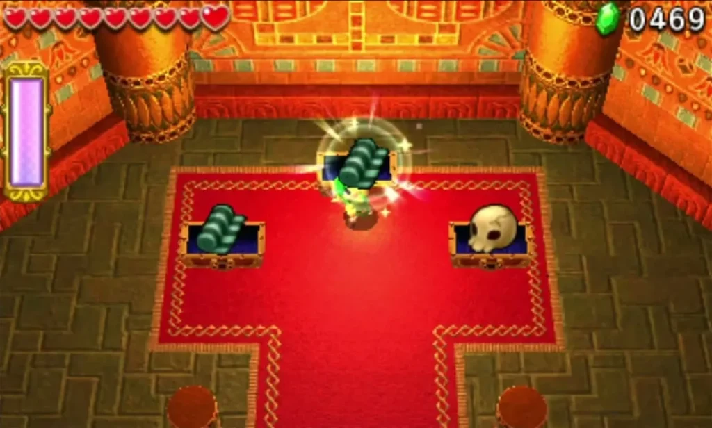 Link at an open chest in the Desert Temple treasure room, with a skull item in the right chest