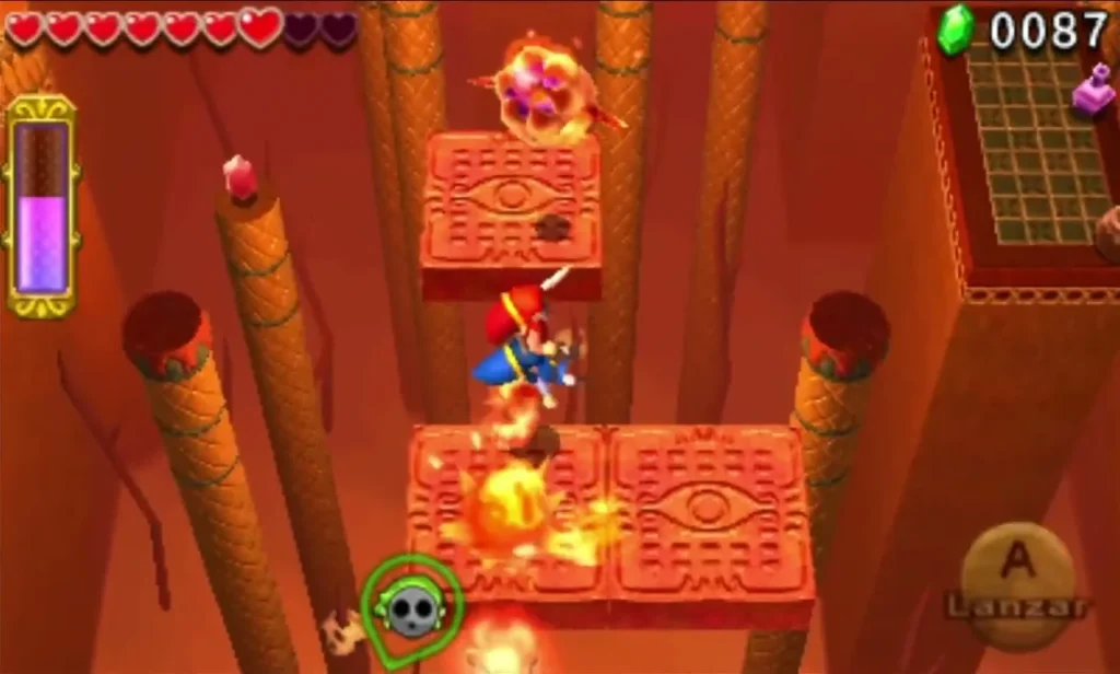 Link on tiled platforms among fire bursts and an enemy nearby in Gibdo Mausoleum stage 3