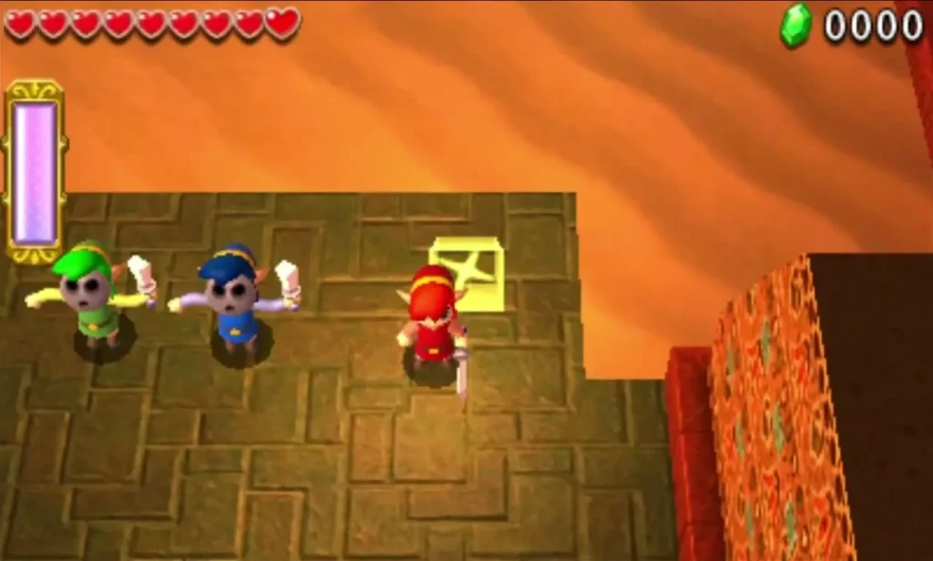 Link and allies beside the item pedestals in the entrance room of Gibdo Mausoleum