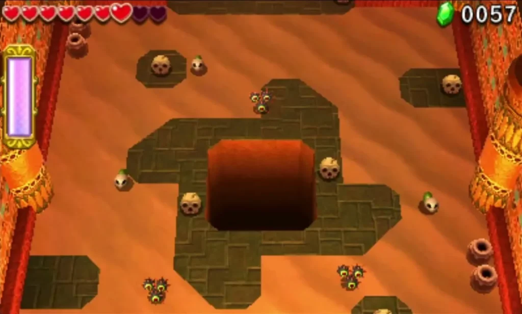 Link and allies in a small Gibdo Mausoleum room with a pit in the middle and Morths along the edge