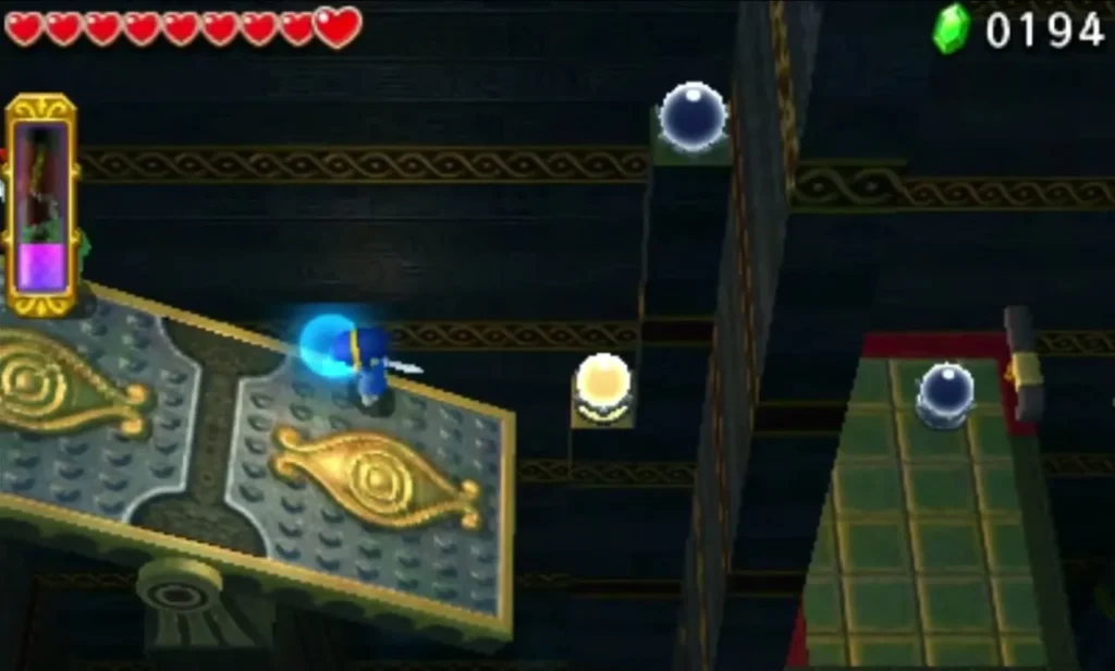 Link beside a glowing blue Shock Switch on a teeterboard in the Desert Temple