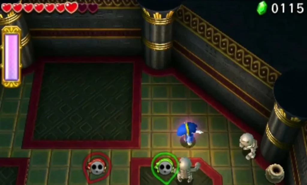 Archer Link firing at Stalfos on the tiled floor of the Desert Temple skull chamber