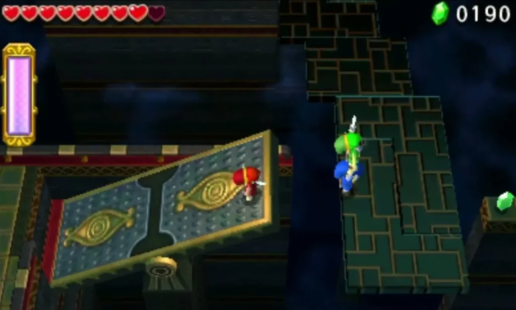 Link crossing a tilted teeterboard over a dark gap in the Desert Temple