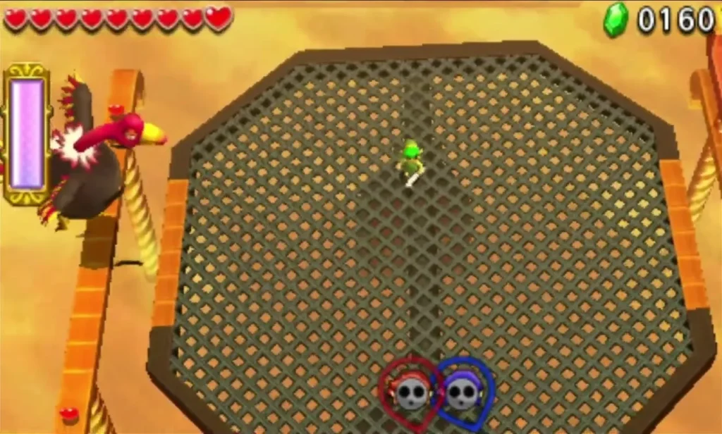 Link standing on the octagonal tilting grate arena with the Vulture Vizier perched on the railing