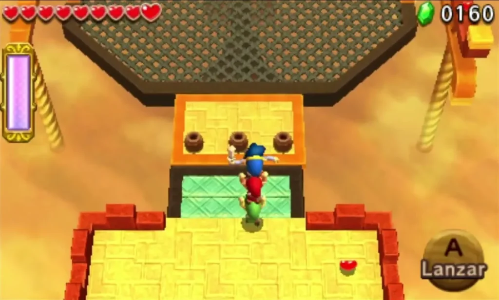 Link on a raised sandstone ledge beside heart jars before the tilting grate arena