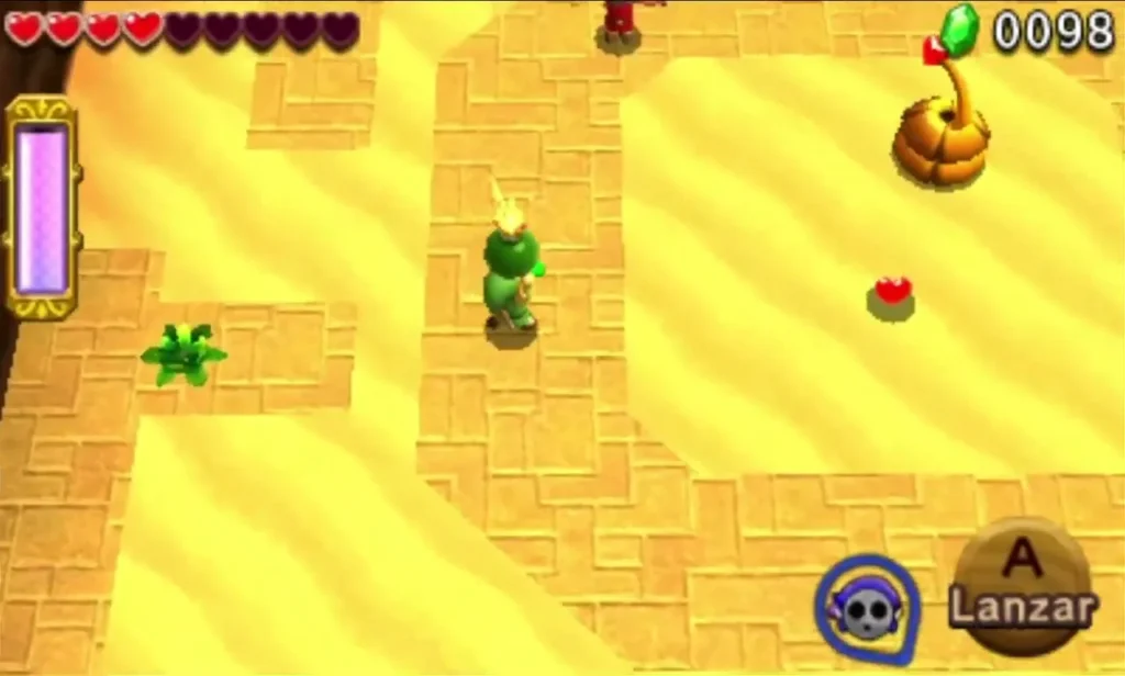 Green enemy near a Link on tiled sand, with an orange flower pod nearby in the pit