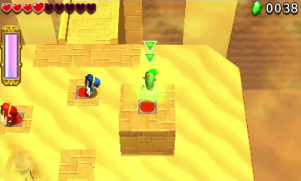 Green Link stands on a raised stone ledge with a red floor switch