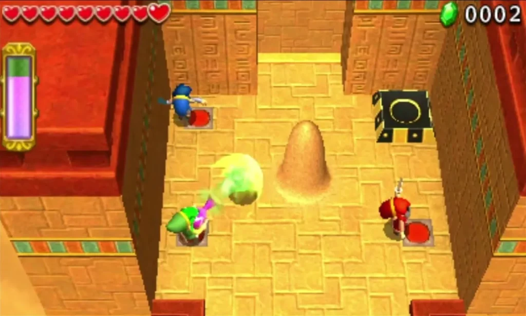Link blows a tall sand mound with a green gust in a Stone Corridors hall beside a black pedestal