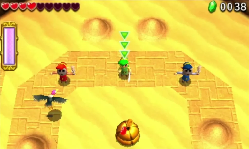 Three Links in a tiled sand pit with a Vulture overhead and enemies closing in