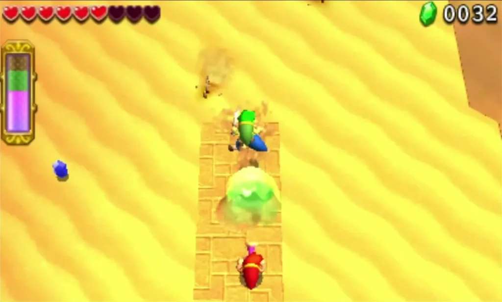 Link in a green gust blast crossing a sand river on a tiled stone bridge