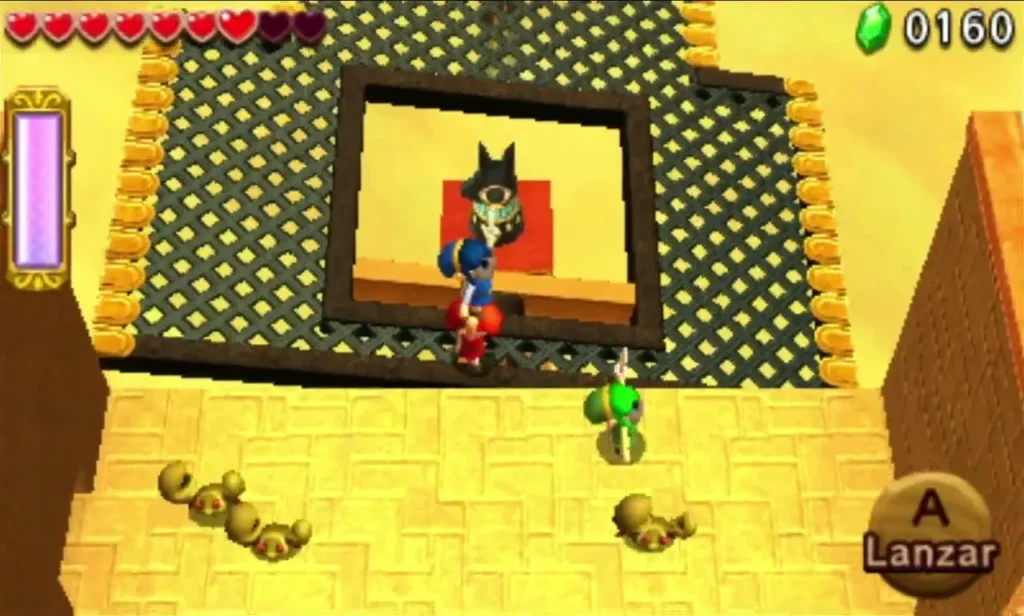 A dark Anubis statue stands on a grate above a red pedestal, with Link and clay jars below