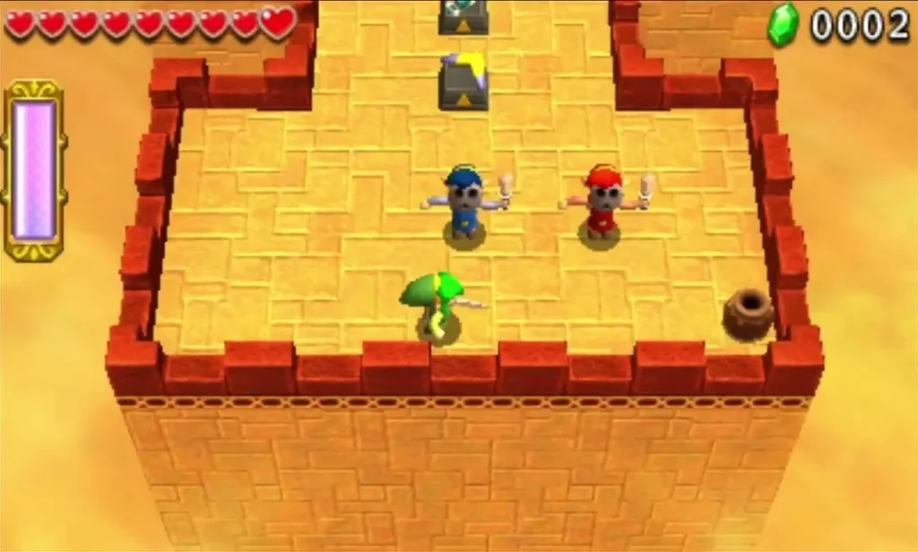 Two Links stand on a sandstone platform beside a pot and a pedestal in Stone Corridors