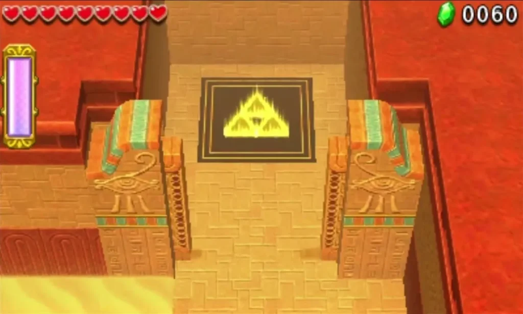 Triforce glows on the floor of the Stone Corridors Gateway between two carved pillars