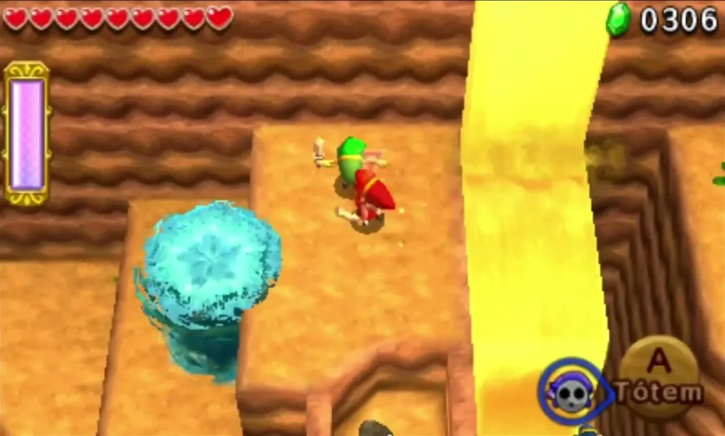 Link beside a water pillar and a Totem prompt on a sandstone ledge by a sand river