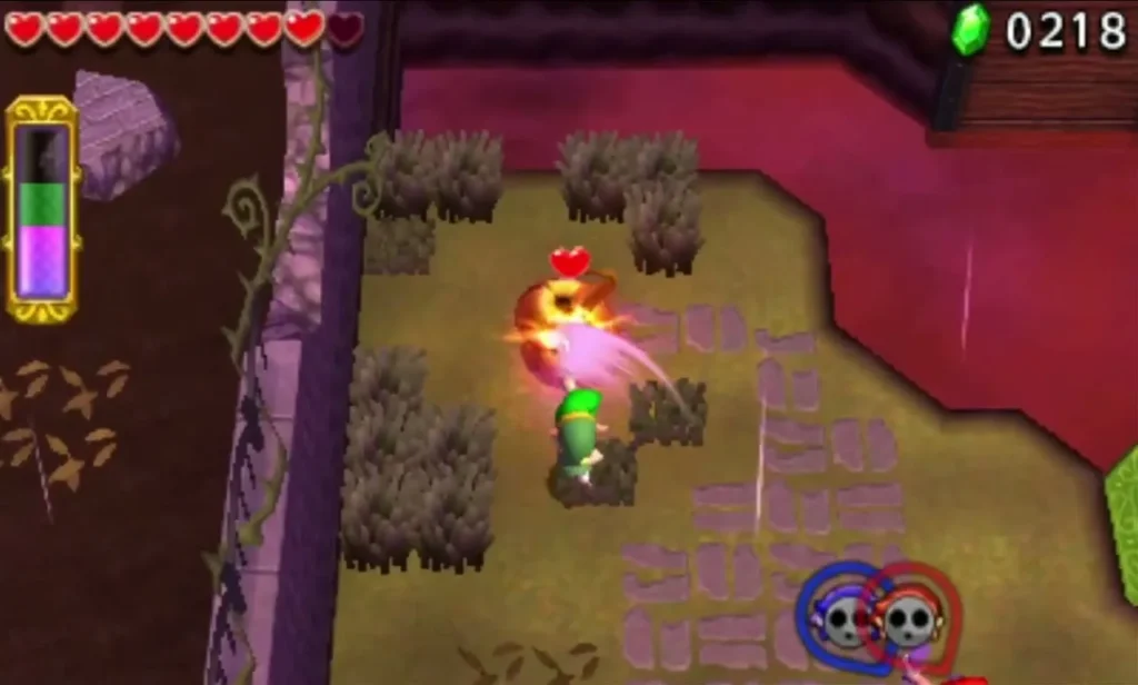 A bomb bursts beside a Link on a stone path as two Poes float nearby