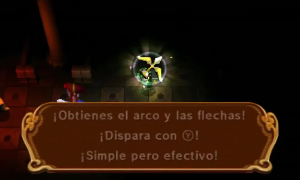 A glowing bow and arrows floats in a dark room under a box naming the item