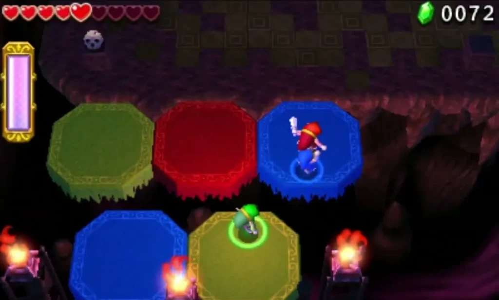 A Link on a blue octagon platform beside red and green octagons