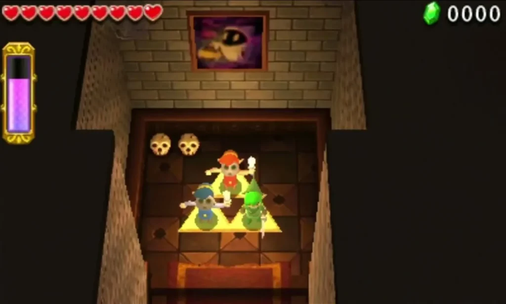 A stone doorway opens with Links stacked in a glowing triangle in front of a skull ornament