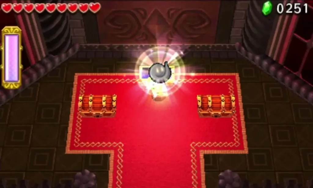Two closed treasure chests on a red carpet in the Ruins' final room