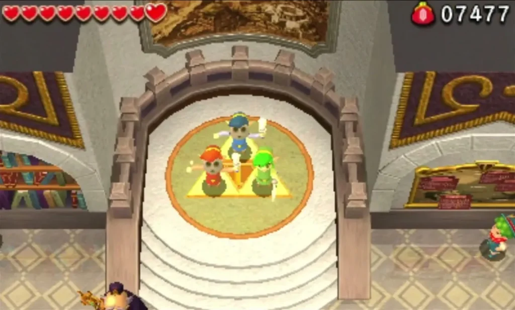 Three Links stand on a Triforce circle at the top of the castle stairs